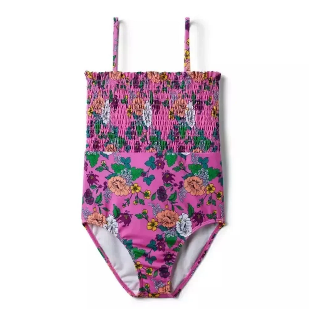 Jamie and Jack Recycled Floral Smocked Swimsuit Size 16 Phlox Pink Floral